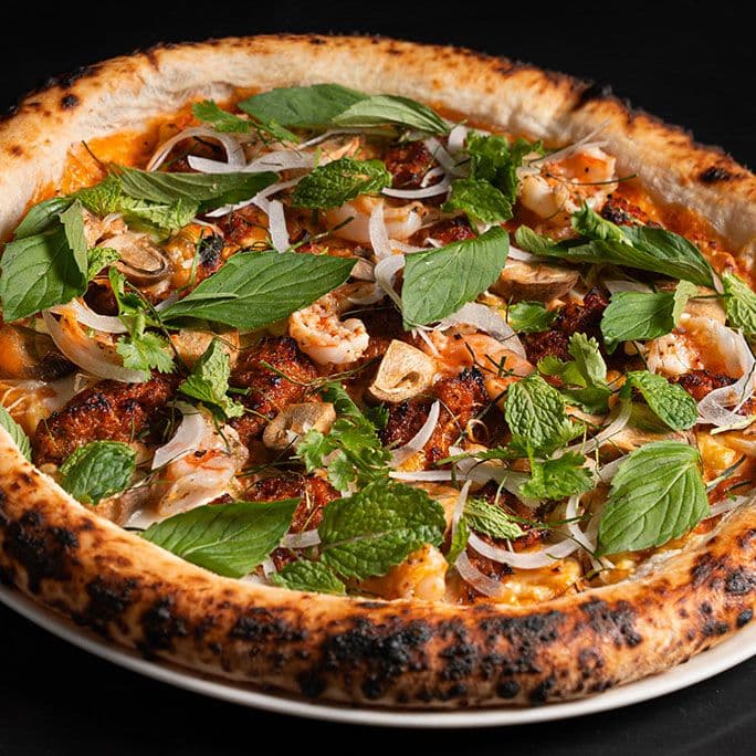Thai Tom Yum Pizza With Seafood And House-made Mozzarella
